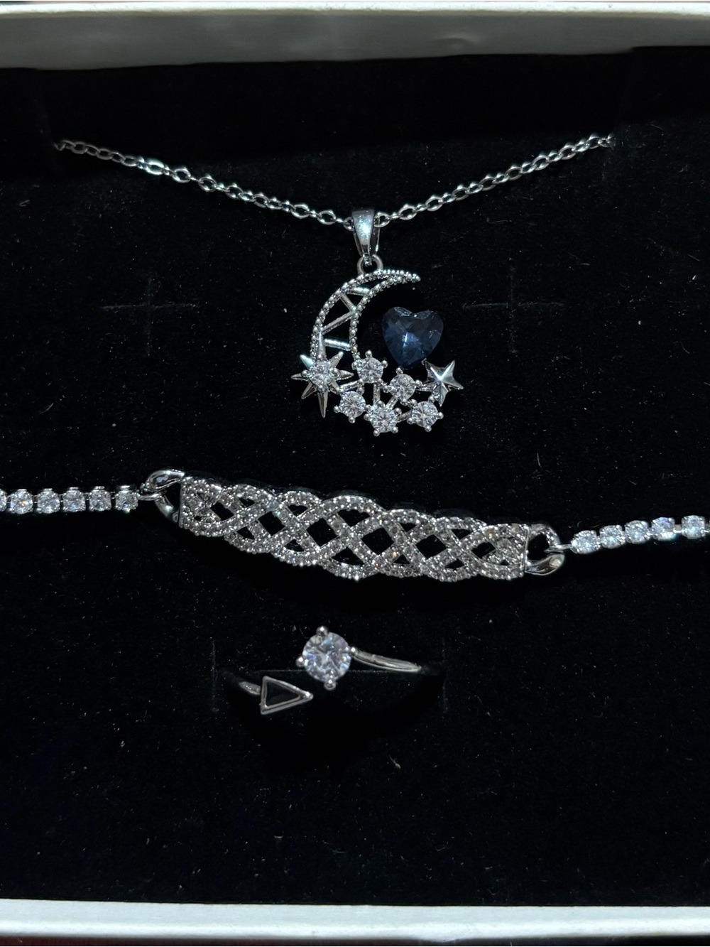Silver Moon & Star Necklace with Blue Heart Pendant Set